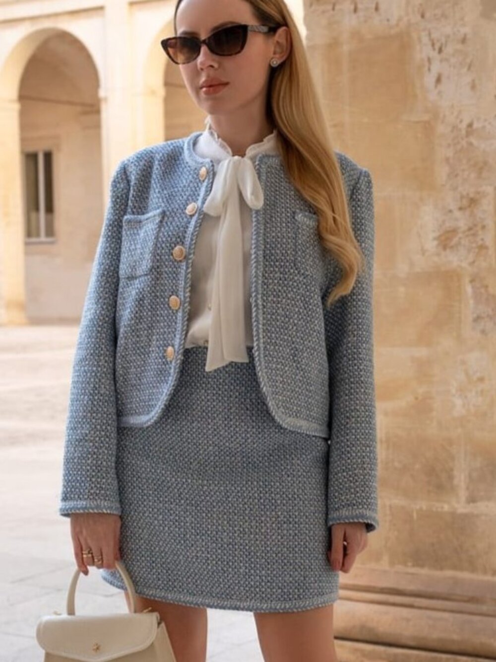 Goelia Blue White Metallic Tweed Collarless Jacket & Skirt Suit